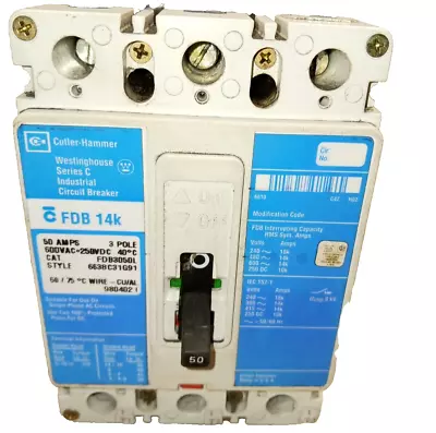 Cutler Hammer Fdb3050l Circuit Breaker 50 Amp 3 Pole 600 Vac • $125.99