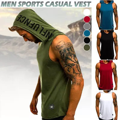 Summer Mens Vest Casual Sleeveless Gym Hoodie Hooded Tank Tops Muscle T-Shirt • £8.59