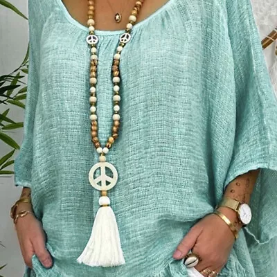 $15.83 • Buy Peace Pendant Necklace For Women Boho Aesthetic Tassel Wooden Beads Jewel$r ~M