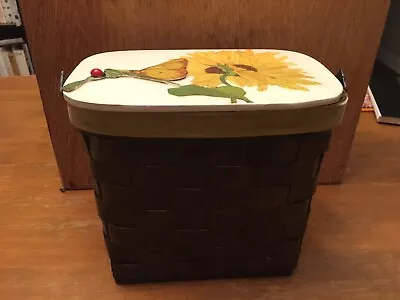 VTG Handmade Picnic Sewing Wooden Basket Butterfly/Sunflower Motif Wood Handle • $39