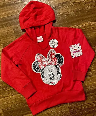 NEW-Disney Junior MINNIE MOUSE Flip Sequins Red/Black  Fleece Hoodie SZ:  5 • $12.99