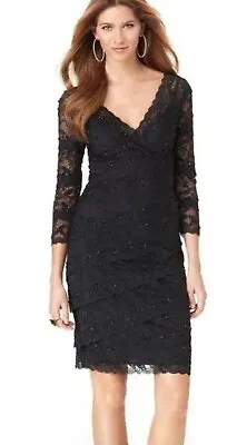 Marina Lace Tiered Beaded Black V Neck 3/4 Sleeve Knee Length Dress Size 12  • $29.99