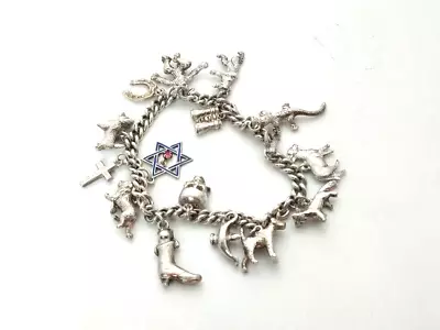 VINTAGE EARLY 20TH C T-BAR LINK SILVER CHARM BRACELET  CROSS STAR OF DAVID 44g • $269.32