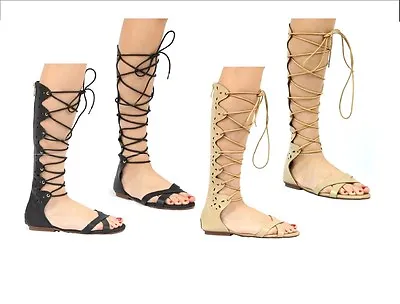 New Women Wrap Lace Up Gladiator Flat Knee High Sandal Open Toe Vegan Leather US • $12.99