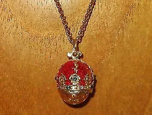 Necklace Russian Pendant Enamel Swarovski Crystal Red Orange Crown OEUF Penden • $477.92