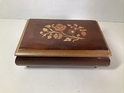 FLORAL Wood Inlaid Box MOSAIC Italy Hinged Lined LOVE STORY Musical • $19.99