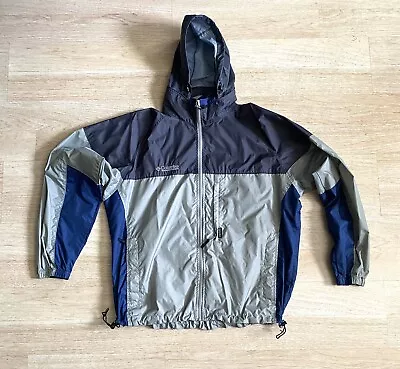 Columbia Packable Windbreaker Grey Blue Hood Zip Pockets Size Large • $24.99