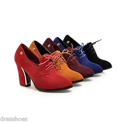 Women's Lace-Up Oxfords Suede Fabric Pumps Block Heel Pointed Toe Shoes AU Size • $41.79