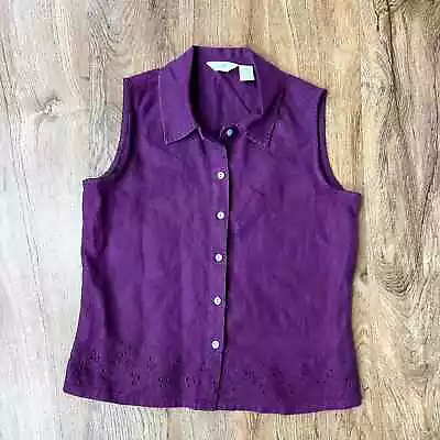 J.Jill 100% Linen Button Down Collared Purple Vest W/islet Detail Women's XS • $12