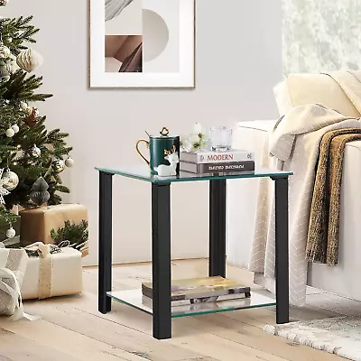 Glass End Table Modern Square Glass Side Table With 2-Tier Storage Coffee Table • $117.78