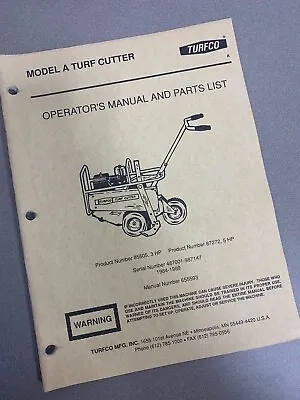 TurfCo Model A Turf Sod Cutter Parts Manual Service Turf Co 85505 Sodcutter • $24.99