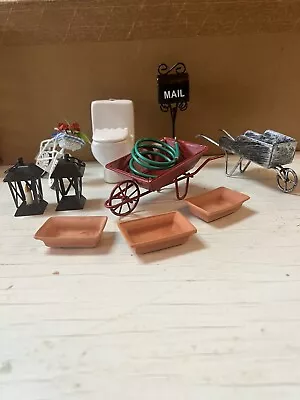 Miniature Dollhouse Lot Accessories Planters Hose Wheelbarrow Bike Etc 11 Piece • $9.99