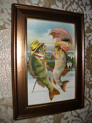 FISH COUPLE HOLD FINS 4 X 6 Gold Framed Animal Picture Victorian Style Print • $16.99