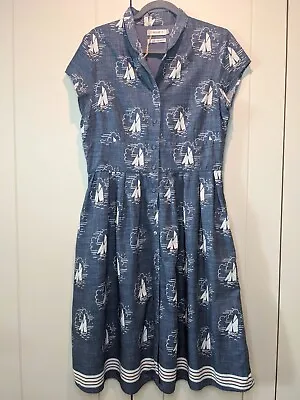 SEASALT Beatrice Dress Size 14 Blue Nautical Fit & Flare Short Sleeve Cotton • £28.99