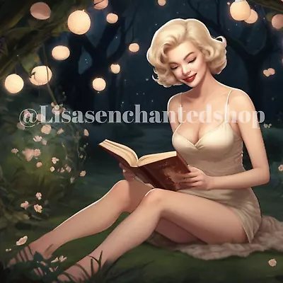 Digital Image Desktop Wallpaper AI Art - Marilyn Monroe Reading A Book In Garden • $0.99