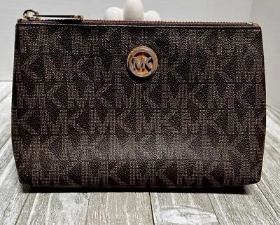 Michael Kors Jet Set MK Logo Saffiano Leather Cosmetic Makeup Bag Clutch Pouch • $20.50