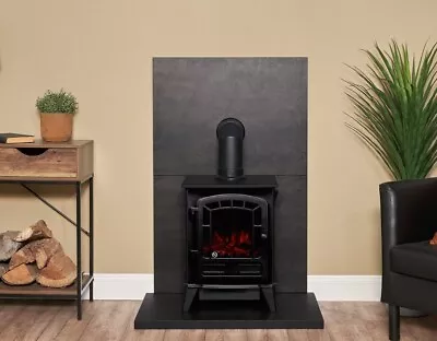 Black Electric Stove Log Fire Slate Effect Freestanding Large Back Panels Hearth • £279.49