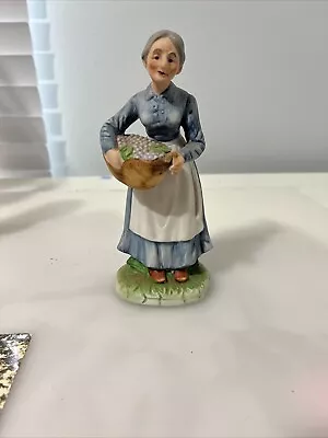 Vintage Ceramic Figurine Old Lady Woman With Basket Of Grapes  Blue Dress Unique • $6.99