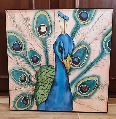 Peacock Metal Wood Wall Art Picture Hanging 20 X 20  Mirror Accent Blue Green  • $33.99