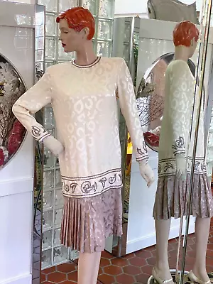 Jessica McClintock VTG 80s Flapper Bead Drop Waist Ivory 100% Silk Dress Size 4 • $39.99