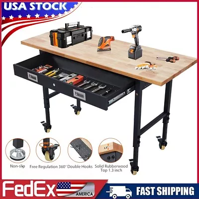 Adjustable Workbench With Power Outlet Drawer Wheels Wood Top Workshop Worktable • $279.99