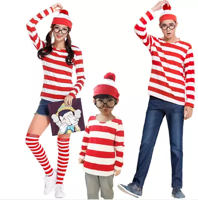 Wheres Wally Unisex Childrens Adults Stripy Shirt Costume Book Weed+ Glasses+Hat • $15.40