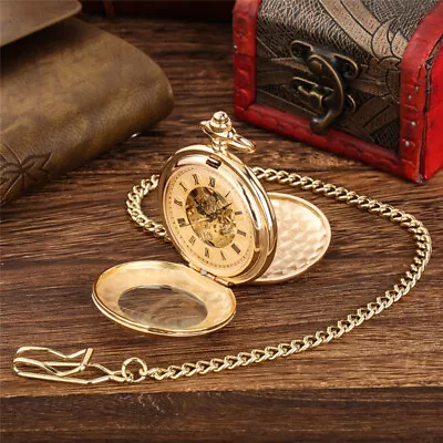 Gold Case Mens Pocket Watch Mechanical Hollow Hands Chain Hand-winding Luxury • $18.37