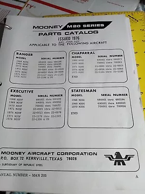 Mooney M20 R/S OR C/G Parts Catalog AIRCRAFT AVIATION FACTORY PAPER MANUAL USA • $39.60