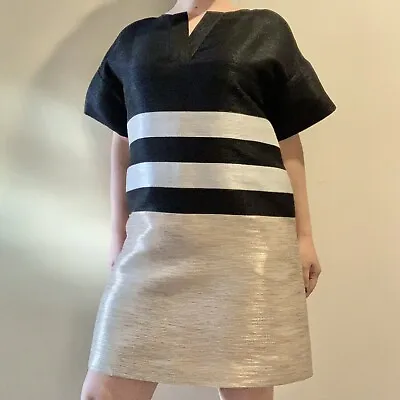 Lafayette 148 Dress Structured Metallic Black Gold Champagne Stripe - Small • $75