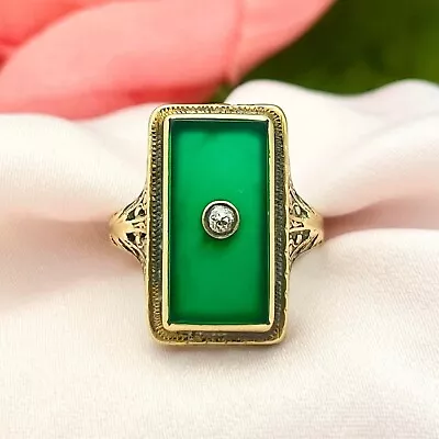 14K 1950s Green Agate Diamond Ring-Gold-Filigree-Natural-0.05tcw-Large-Vintage • $449