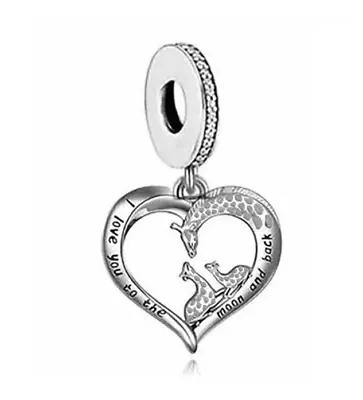 Sterling Silver 925 I Love You To The Moon And Back Giraffe Family Heart Charm • £16.95