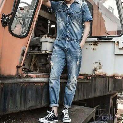 Mens Denim Jumpsuit Dungarees Jeans Overalls Boiler Suit Coveralls One-Piece • $57.15