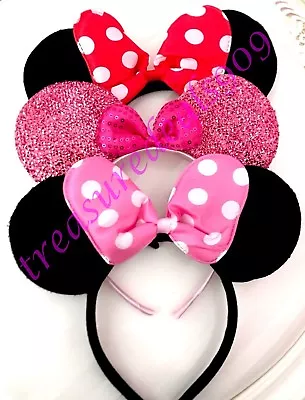 *3 Pcs* MICKEY MINNIE MOUSE HEADBANDS BLACK PLUSH PINK RED BOW SHINY EARS PARTY • $7.95