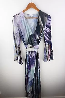 IXIAH The Label Graphic Watercolour Wrap Dress With Bell Sleeves Size AU8 • $105