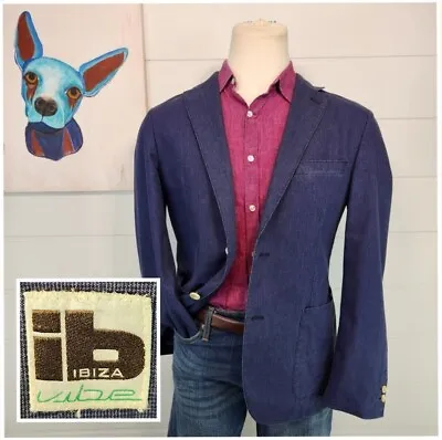 Ibiza Mens Valdo Two Button Blazer Jacket Blue Graph Check 100% Cotton Size 40R • $79.95