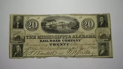 $20 1838 Brandon Mississippi Obsolete Currency Bank Note Bill! MS & AL Rail Road • $179.99
