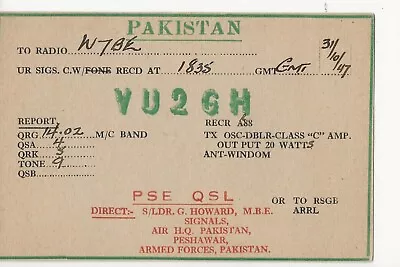 1947  VU2GH Peshawar  Pakistan   QSL Radio Card • $6