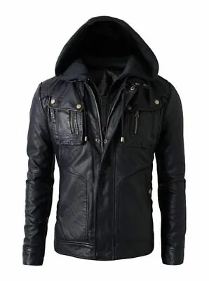 New Men's Motorcycle Brando Style Biker Real Leather Hoodie Jacket - Detach Hood • $45.99