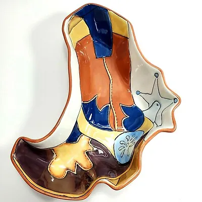 Ceramic Painted Serving Bowl Chip Popcorn Western Cowboy Boot Spurs Dish  • $19.15