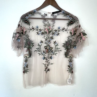 Zara Women Sheer Top Size XS Floral Embroidery Light Pink Tulle Short Sleeve • $28.90