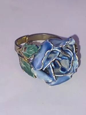 Vintage Sandor Blue Rose Enamel Flower Ring/Signed Adjustable Gold Tone • $75