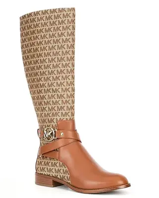 NWB Michael Kors Rory Beige Logo/Signature Jacquard & Leather Riding Boots 6.5 • $159.99