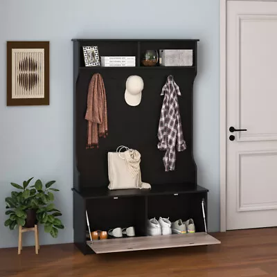  Entryway Coat Rack Wooden Storage Bench 3-in-1 Hanging Hooks Enclosed Cabinet • $219.83