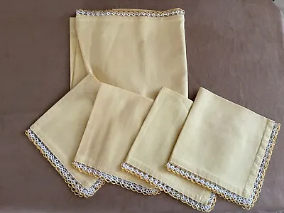 34  Square Tablecloth & 4 Napkins Set Yellow Linen Fabric Loop Edge Vintage  • $34.50