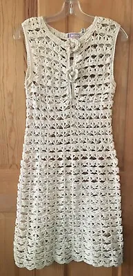 VTG ORIGINALS By SALLY LEVISON CROCHET MINI DRESS HAND MADE GOZO NATURAL COTTON • $1000