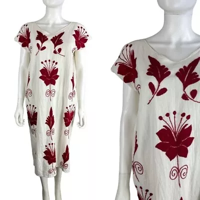 Vtg 70s White Cotton Gauzey Red Floral Embroidery Mexican Tunic Dress Size M/L • $69.99