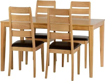 Logan Small Dining Set Table Oak Varnish And Brown Faux Leather 4 Chairs • £353.48