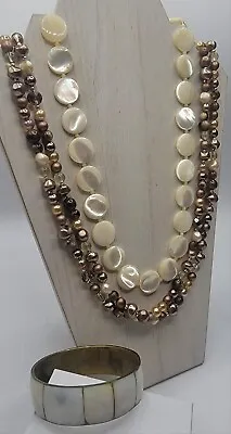 Vintage Jewelry Bundle Necklace Bracelet Shell Disc Faux Pearl Gold Tones Prom  • $24