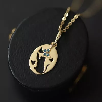 9ct Solid Gold Catjoy Coin Charm Pendant- 9K Au375 gift For Her Cat Blue Gem • £72