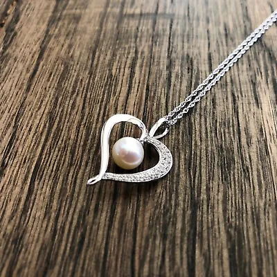 ZALES Sterling Silver Necklace W/ Heart CFW Pearl Lab Sapphire Pendant $149 NEW • $20